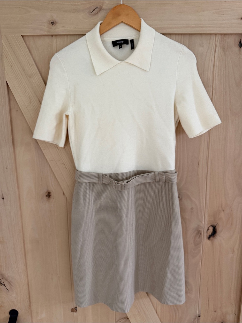 Theory Cream Short-Sleeve Collared Top with Light Tan A-Line Skirt Set